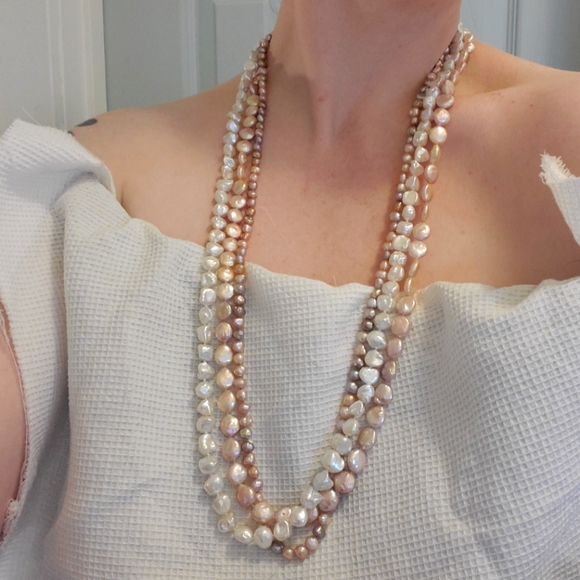 Pinky Mauve Bronze Golden Freshwater Pearl Opera Length Necklace - Picture 3 of 7